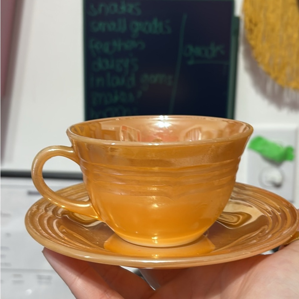 Vintage Collectible Anchor Hocking Fire King Pyrex Peach Lustre Teacup Saucer